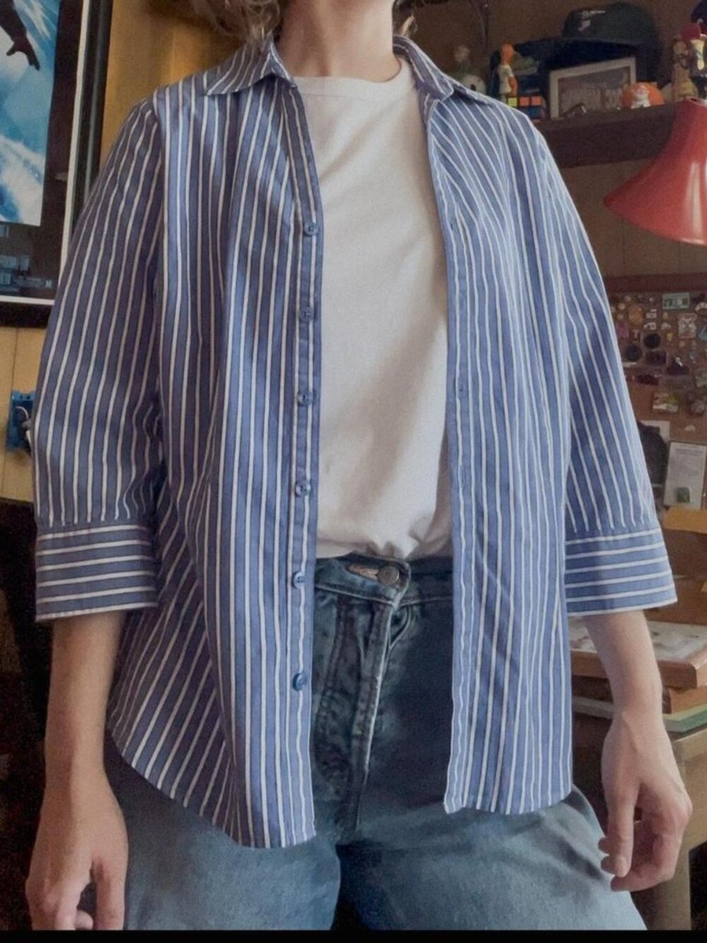 Vintage Croft & Barrow Women's Blue and White Striped Shirt - size medium